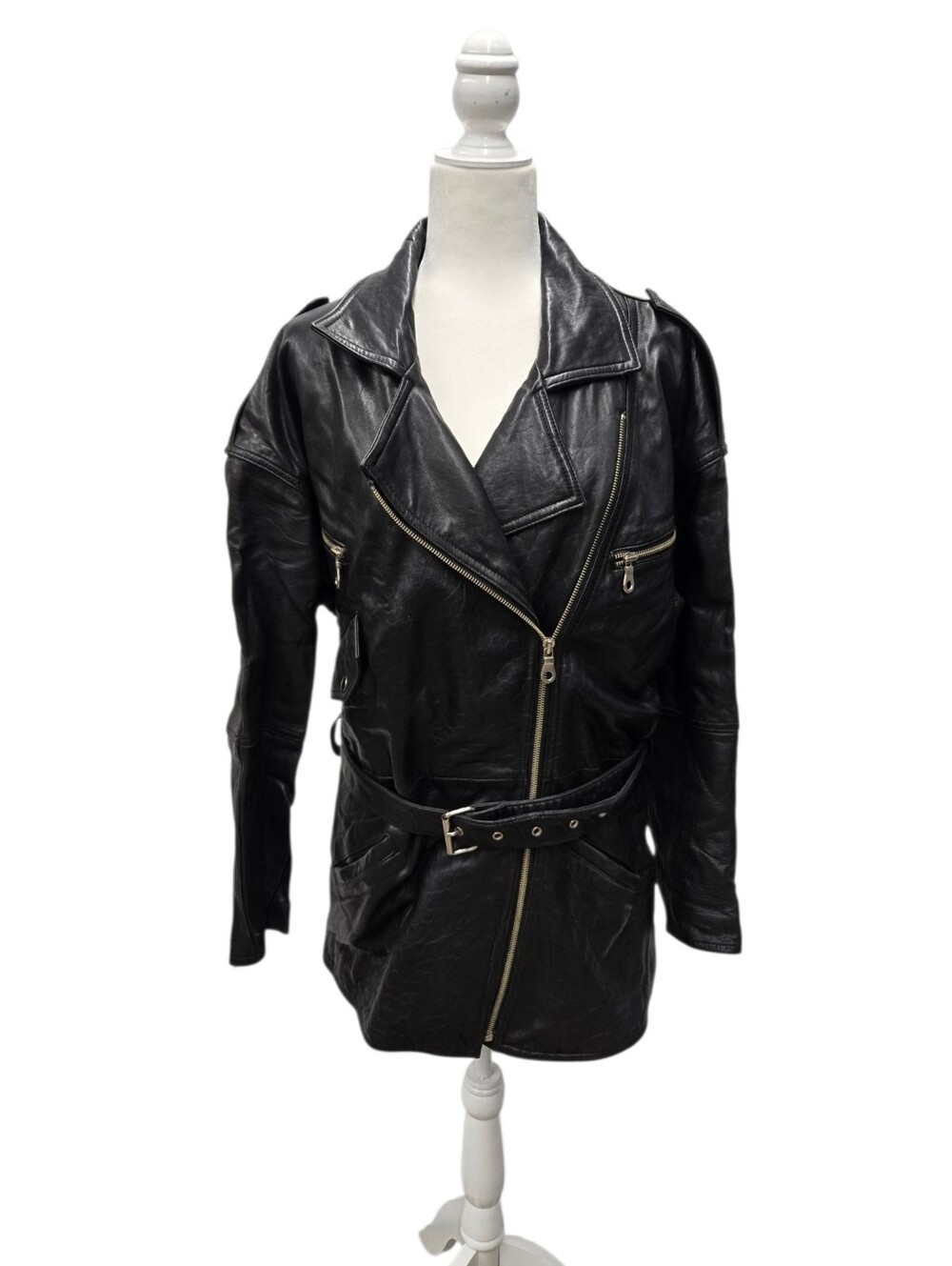 Vintage Miropa Moto Genuine Leather Black Trench Coat